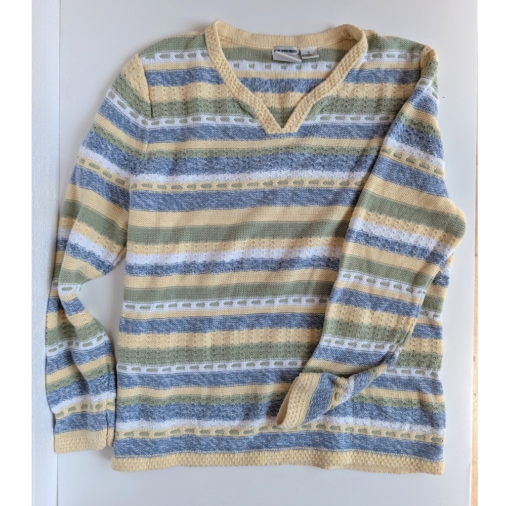 CJ Banks Striped Knit Sweater V-Neck Hand Embroidered Pastel Butter Yellow VTG